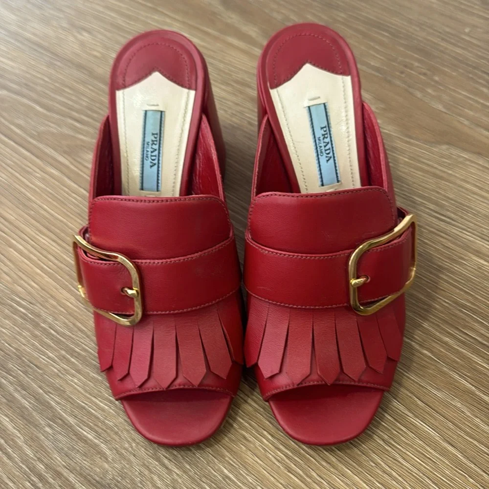Prada red leather mules , gold buckle - Picture 1 of 3